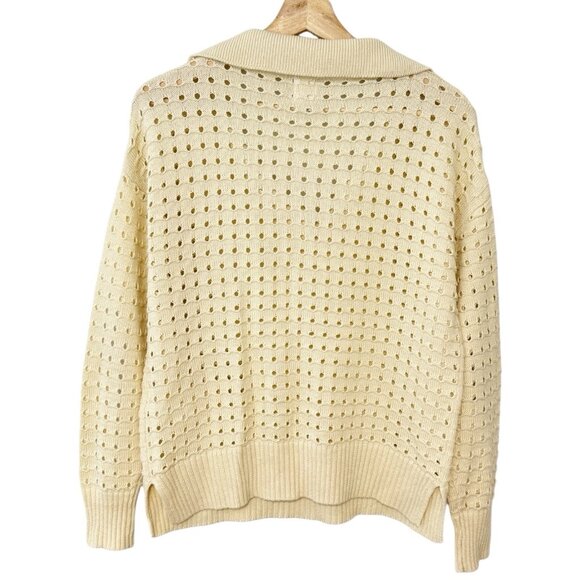 Joie Ivory Perforated Pointelle- Knit Top Eyelet Collared V-Neck Casual Sweater - Picture 2 of 6